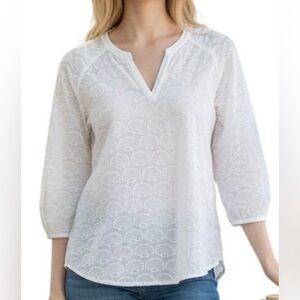 Chico's Embroidered Seashell Tunic Womens White Cotton 3/4 Sleeve Blouse SZ3 L